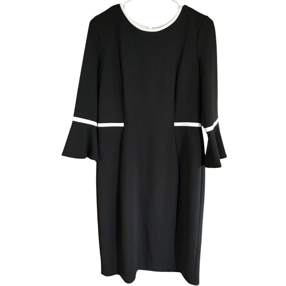 Calvin Klein Sheath Dress Black with‎ White trim Ruffle sleeves Stretch Zipped